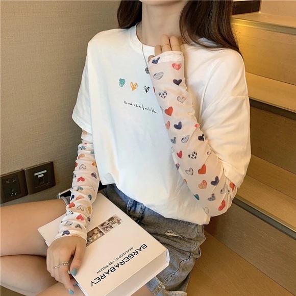 Shirt tshirt heart white top women’s cute long sl - Picture 4 of 8